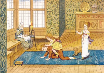 Lekstund - lekstund, tre barn leker, den yngsta rider på sin brors rygg, den yngsta rider på sin brors rygg, fäst vid renar som hålls av hennes syster, i ett vardagsrum, nära deras mormor som spinner ull - Utdrag ur Afternoon Te