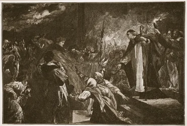 Kardinal Wolsey i Leicester Abbey, illustration från "The Church of England: A History for the People" av H.D.M. Spence-Jones, pub. ca 1910 (sepiafoto).