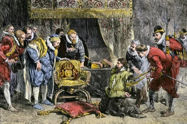 Guy Fawkes framför kung James I av England efter krutkonspirationen den 5 november 1605. 1800-talet (gravyr)
