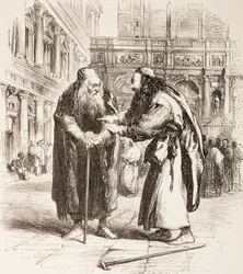 Illustration til The Merchant of Venice, Shylock og Tubal mødes på gaden, akt III, Scene I, fra 