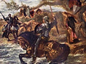 Sir Lancelot, illustration från "Romance and Legend of Chivalry" av A. R. Hope Moncrieff (lito i färg)