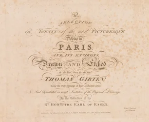 Ett urval av tjugo av de mest pittoreska vyerna i Paris och dess omgivningar: Titelsida, 1803.