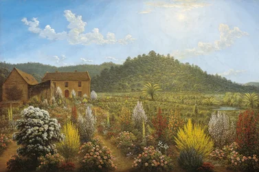 En vy av konstnärens hus och trädgård, i Mills Plains, Van Diemens Land