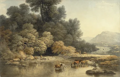 Kuperat landskap med flod och boskap, ca 1810 (wc över grafit på vävt papper)