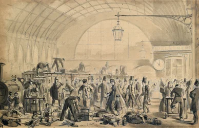 Julafton på Kings Cross Station, ca 1870-90 (penna och tvätt på papper)