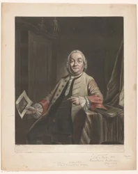 Porträtt av Simon Fokke med i handen trycket av plundringen av Gerrit Hagedoorens hus, 1751