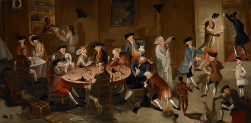 Sjökaptener som festar i Surinam, ca 1752-58 (olja på sängkappa)