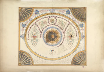 Design för tak med två porträtt och fläktstöd vid hörn, 1800-talet.