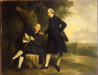 Dubbelporträtt av Thomas Somers Cocks och Richard Cocks från Castleditch, båda som små helfigurer, den förstnämnde i blå rock och väst med en svart trekantig hatt i handen, den sistnämnde sittande i blå rock och väst med ett manuskript i handen, i ett