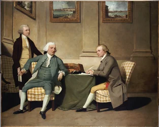 Gruppporträtt av sergeant-at-arms Bonfoy, hans son, och John Clementson, sen.