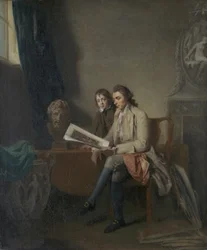 Porträtt av en man och en pojke som tittar på tryck, c.1765-70