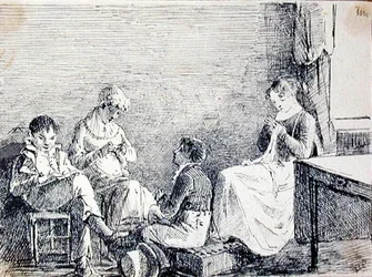 Familjegrupp i en interiör (penna och bläck på papper)