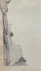 Läsa vid ett fönster (penna och bläck på papper)