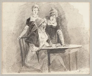 Tre vid ett bord, en sittande, 1807 (blyerts och tvätt på papper)