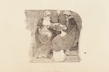 Två kvinnor som läser med lampljus, 1804 (penna och bläck på papper)