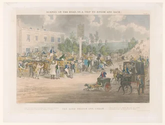 Utsikt över en livlig gata framför The Lord Nelson Inn i Cheam-distriktet The Lord Nelson Inn, Cheam (titel på objekt) Gatulandskap runt Epsom (serietitel) Scener på vägen, eller en resa till Epsom och tillbaka (serietitel)