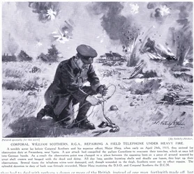 Korpral William Scothern RGA reparerade en fälttelefon under kraftig eldgivning och tilldelades DCM Ypres maj 1915.