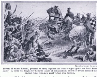 Edward II samlade en armé och utkämpade ett slag vid Bannockburn 1314 e.Kr. där Bruce besegrade engelsmännen, ca 1950.