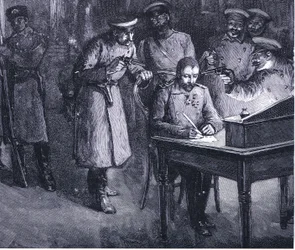 Prins Alexander undertecknar sin abdikation 1886, illustration ur Hutchinsons Nationernas historia, vol. 4, cirka 1920-talet