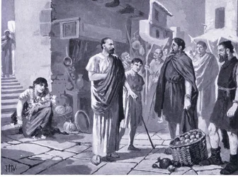Romerska kolonisatörer handlar med infödda daker, illustration ur Hutchinsons Nationernas historia, vol. 4, cirka 1920-talet