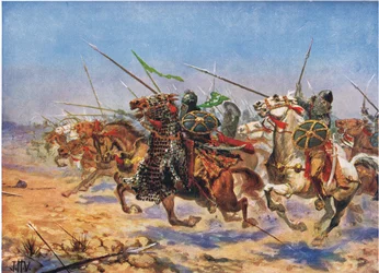 Shahrbaraz kavalleri går till anfall, illustration ur "Hutchinsons nationernas historia"