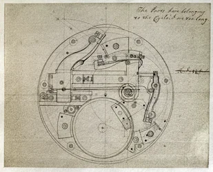 Teckning av uppbyggnaden av urverket i H4-tidmätaren av John Harrison (1693-1776), ca 1759