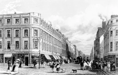 Market Street från Market Place, Manchester, graverad av Frederick James Havell, 1829
