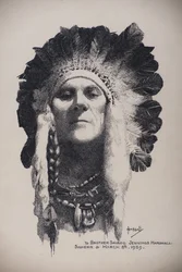 Självporträtt med indiansk huvudbonad, 8 mars 1939 (penna  bläck på kartong)