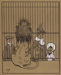 "Lejonen har ett begagnat, overkligt utseende, så att sågspånet på golvet nästan kan ha kommit ut ur dem" (färg litho)