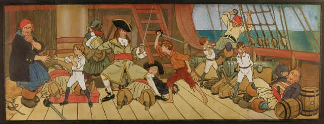 De förlorade pojkarna i strid med piraterna och Peter i den slutliga duellen med kapten Krok, illustration ur Peter Pan, ca 1906