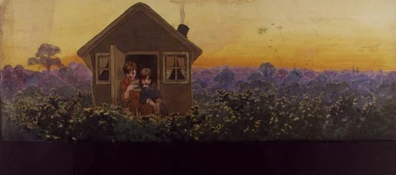 Trädtopparna vid solnedgången ett år senare: Peter i det lilla huset med Wendy på sitt årliga vårstädningsbesök, illustration till 