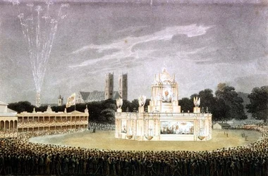 Fyrverkeri i Green Park för att fira Napoleons nederlag, graverad av puben Matthew Dubourg. 1814 (gravyr)
