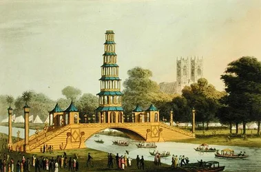 Den kinesiska bron och pagoden, uppförd i parken till minne av den härliga freden 1814, graverad av Matthew Dubourg (fl.1785-20)