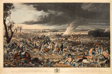 "The Field of Waterloo, som det såg ut morgonen efter det minnesvärda slaget den 18 juni 1815" (akvatint, färgad)