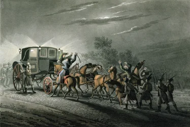 Fångsten av Bonapartes vagn, papper och skatt av major von Keller, Waterloo, 18 juni 1815, graverad av Matthew Dubourg (fl.1813-20)