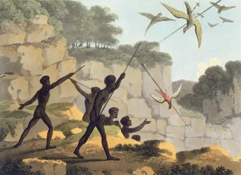 Throwing the Spear, aboriginer som jagar fåglar från New South Wales graverade av Matthew Dubourg (f.1813-1820) pub. 1813