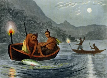 Torch Light Fishing in North America, graverad av H. Merke (fl.c.1800-20), utgiven av Edward Orme, 1813