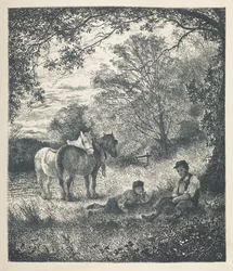 Plåt 11. Man, pojke och shirehästar.  Naturbilder. En serie av trettio originalillustrationer tecknade på trä av J. H. Dell, och graverade av R. Paterson.  John Henry Dell