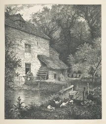Tallrik 14. Ett hus och vattenkvarn.  Naturbilder. En serie av trettio originalillustrationer tecknade på trä av J. H. Dell, och graverade av R. Paterson.  John Henry Dell