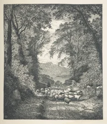 Plåt 4. Får som körs av en herde, längs en stig.  Naturbilder. En serie av trettio originalillustrationer tecknade på trä av J. H. Dell, och graverade av R. Paterson.  John Henry Dell