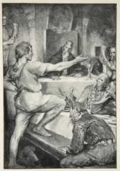 Beowulf svarar Hunferth högmodigt, från "Hero Myths and Legends of the British Race" av M.I. Ebbutt, 1910.