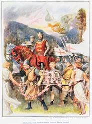 Kröningsstenen förs från Scone, illustration ur "Stories of Royal Children from English Stories" av Doris Ashley, utgiven av Raphael Tuck, 1920