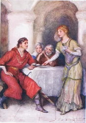Enid Waits Upon Geraint, illustration till Childrens Stories från Tennyson av Nora Chesson