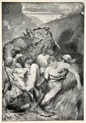 Ondskans Daemon, med sitt häftiga vresande, grep dem girigt, från "Hero Myths and Legends of the British Race" av M.I. Ebbutt, 1910