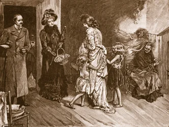 Väst möter öst: välbeställda besökare i ett slumområde, illustration från Cassell