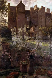 Kellie Castle, Fife, Skottland. Skotskt slott med stillebenskulptur och fruktkorg i förgrunden. Målning av John Henry Lorimer (1856-1936, Storbritannien) Privat samling
