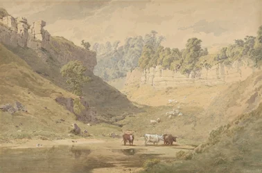 Boskap vid ett vattenhål i en dal, 1830-86.