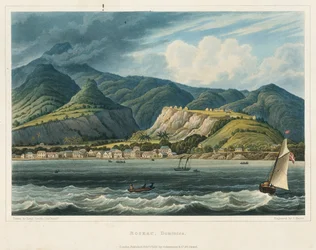 Staden Roseau, Dominique (Caraibes). Litografi (32,2x46,6 cm) av löjtnant John Herbert Caddy (1801-1883)
