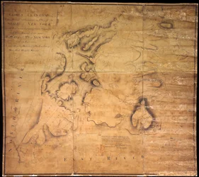 Till hans excellens George Clinton, Esq. ... Denna plan över staden New York och dess omgivningar . ..., 1785 (svart och färgbläck, svart penna och färgtvätt på papper med tyg som underlag).