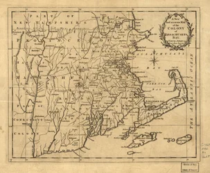 En ny och exakt karta över kolonin Massachusets Bay (dvs. Massachusetts) i Nordamerika, från en sen undersökning. LOC 2001620337